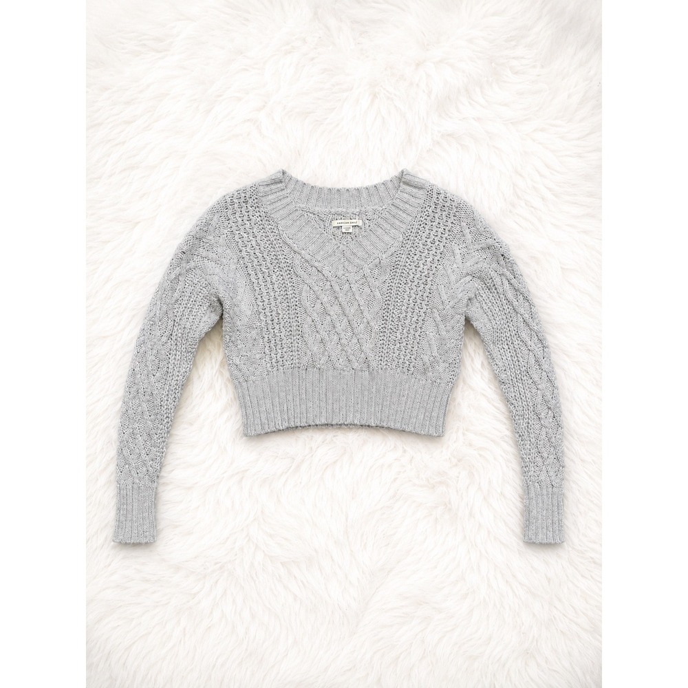 American Eagle Cable Knit Cropped Sweater XS Gray Cozy Soft Girl Fall Winter Top - Picture 1 of 3